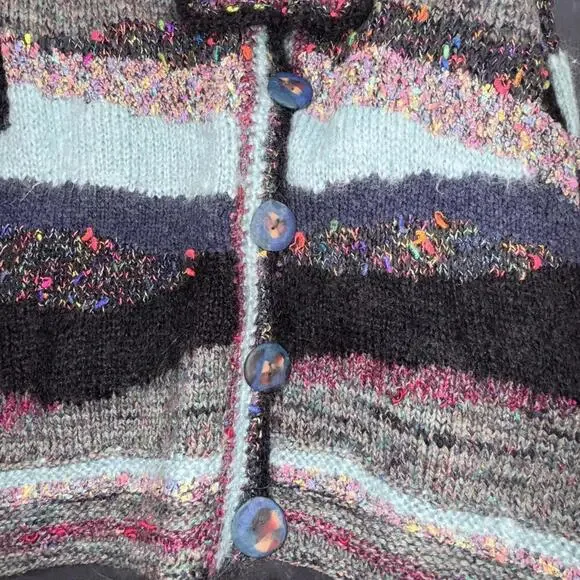 Anthropologie Rare Patchwork Hand Made Clay Button Striped Cardigan Free Size - Picture 12 of 15